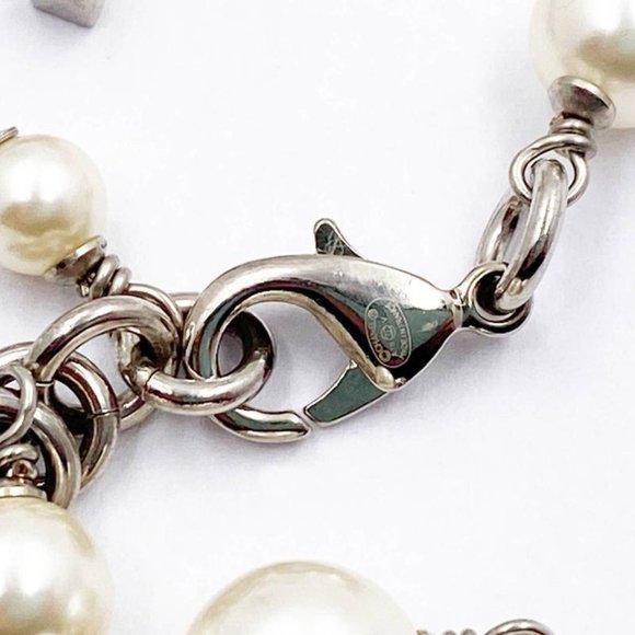 Chanel 5 Silver CC Crystal Faux Pearl Long Necklace